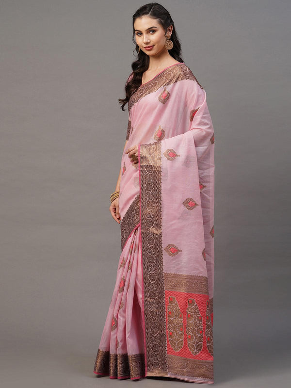 Women's Pink Festive Silk Blend Woven Design Saree With Unstitched Blouse - Odette