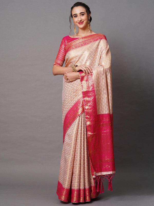 Women's Pink Festive Silk Blend Woven Design Saree With Unstitched Blouse - Odette