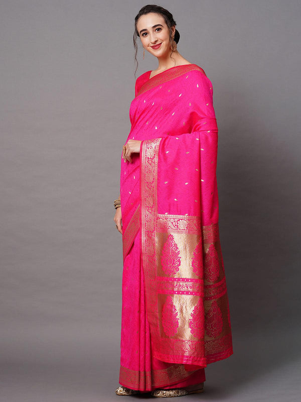 Women's Pink Festive Silk Blend Woven Design Saree With Unstitched Blouse - Odette