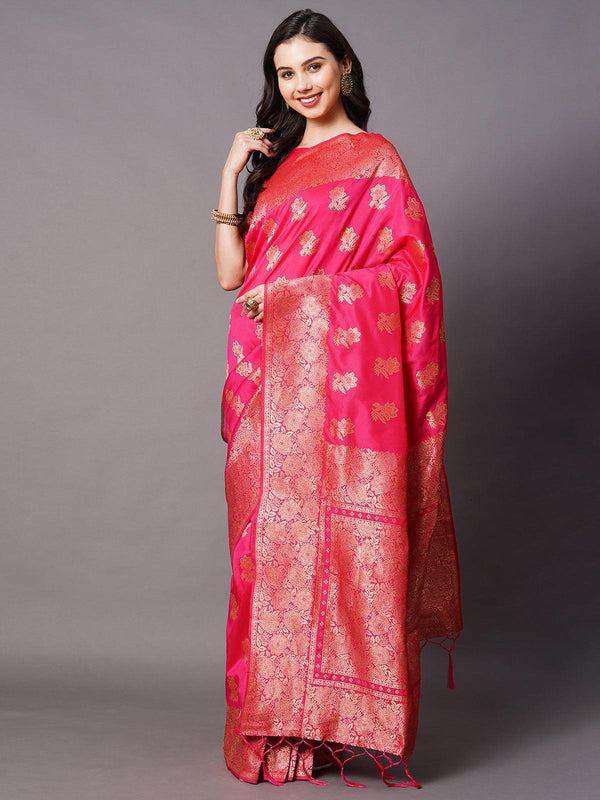 Women's Pink Festive Silk Blend Woven Design Saree With Unstitched Blouse - Odette