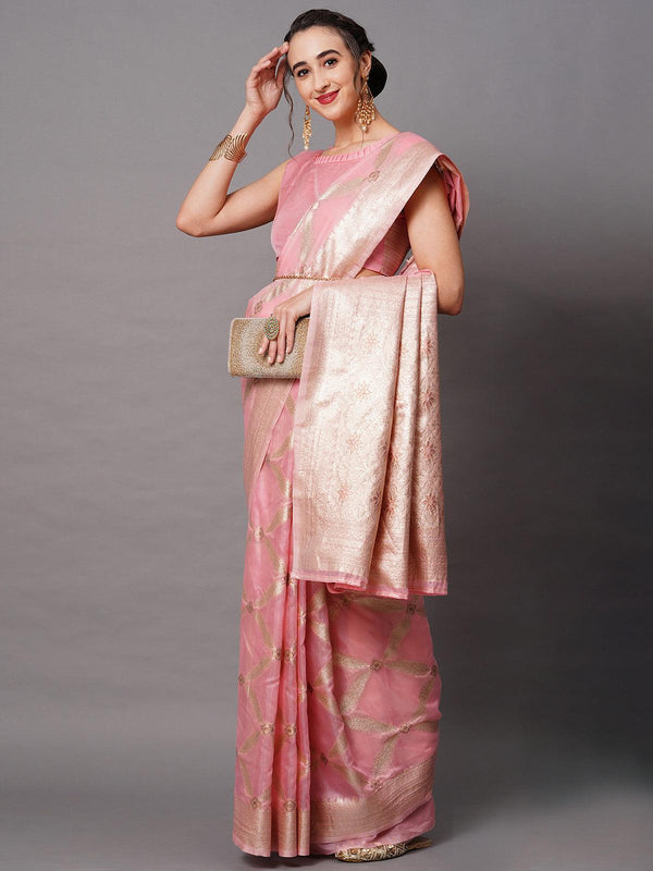 Women's Pink Festive Silk Blend Woven Design Saree With Unstitched Blouse - Odette