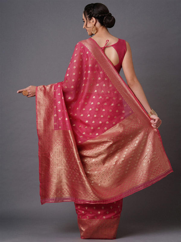 Women's Pink Festive Silk Blend Woven Design Saree With Unstitched Blouse - Odette