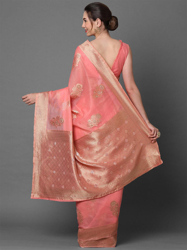 Women's Pink Festive Silk Blend Woven Design Saree With Unstitched Blouse - Odette