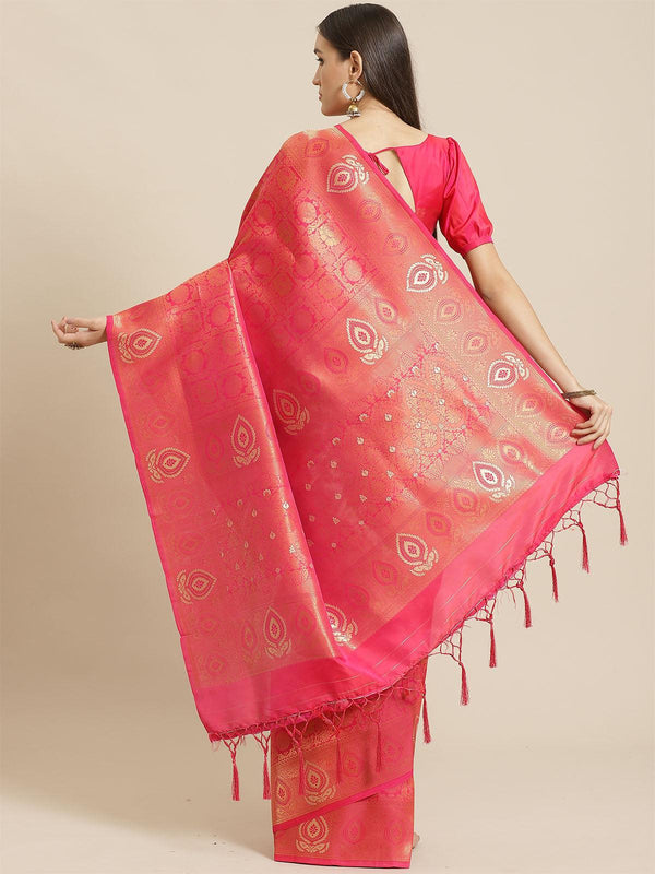 Women's Pink Festive Silk Blend Woven Saree With Unstitched Blouse - Odette