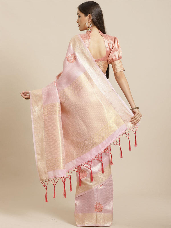 Women's Pink Festive Silk Blend Woven Saree With Unstitched Blouse - Odette