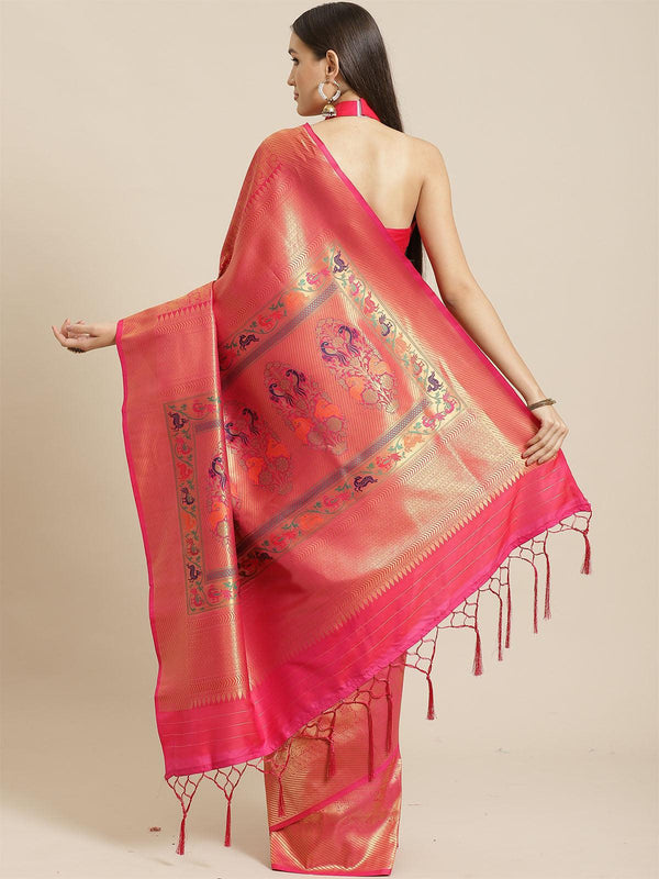 Women's Pink Festive Silk Blend Woven Saree With Unstitched Blouse - Odette