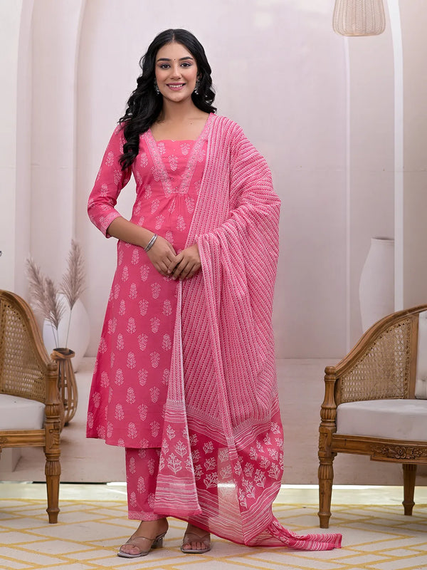 Pink Floral Cotton A-Line Suit Set