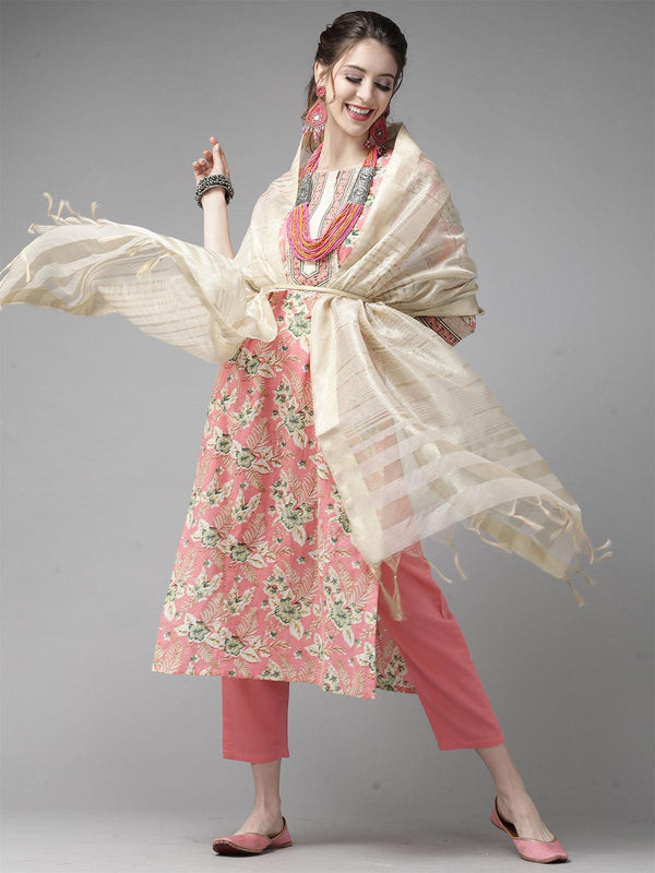 Women's Pink Floral Printed Straight Kurta Palazzo With Dupatta Set - Odette