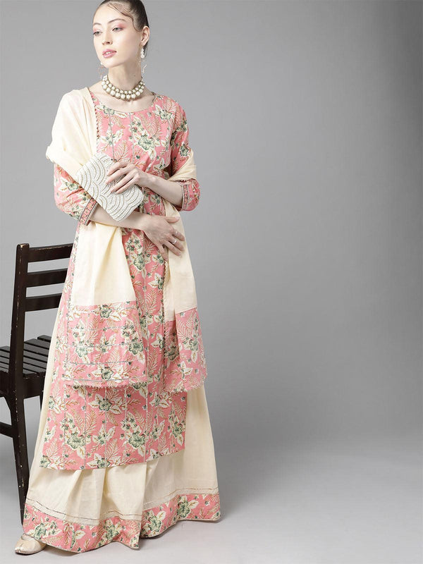 Women's Pink Floral Printed Straight Kurta Skirt With Dupatta Set - Odette