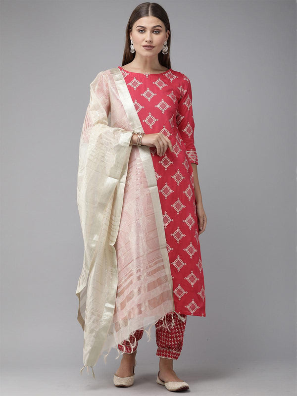 Women's Pink Foil Printed Straight Kurta Salwar Set - Odette