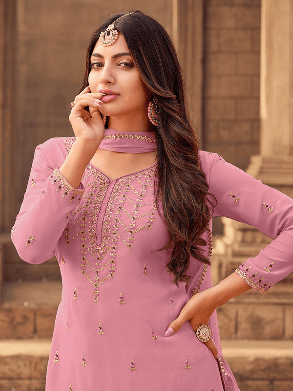 Women's Pink Georgette Designer Embroidery Stone Work Kurta Set - Odette