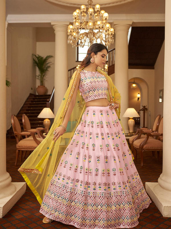 Women's Pink Georgette Gota Patti Thread Sequance Embroidery Lehenga - Odette