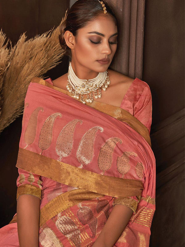 Women's Pink Heavy Woven Cotton Saree - Odette