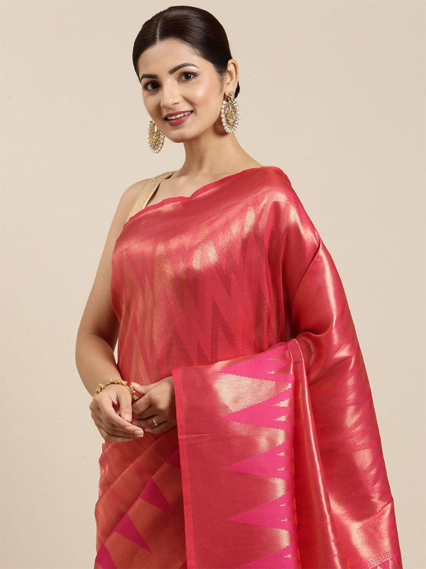 Women's Pink Kanjivaram Silk Banarasi Weaving Silk Saree - Odette