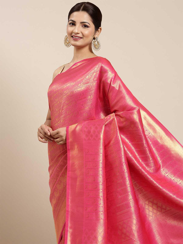 Women's Pink Kanjivaram Silk Banarasi Weaving Silk Saree - Odette