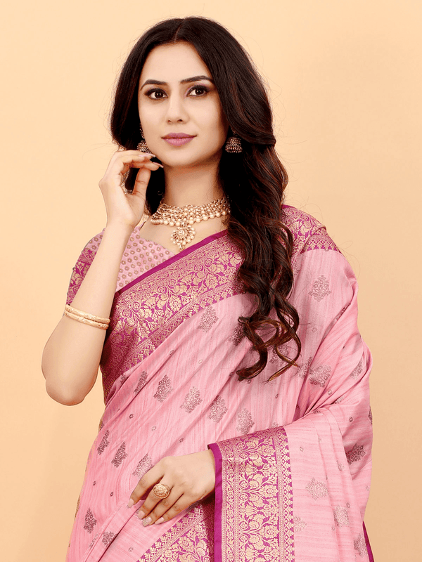 Women's Pink Magic Slub Silk Heavy Jari Wevon Designer Saree - Odette