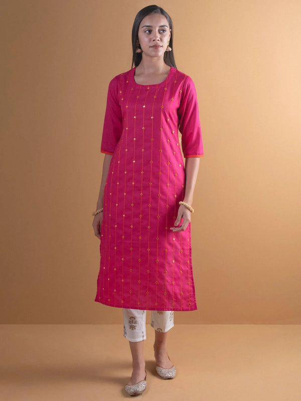 Pink Mirror Work Cotton Kurta - Jashvi