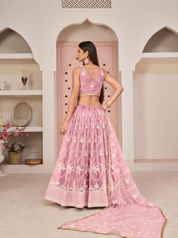 Women's Pink Net Embroidered Lehenga Choli - Odette