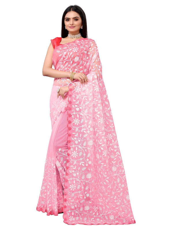 Women's Pink Organza Embroidered Saree With Blouse - Odette