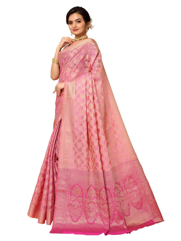 Women's Pink Organza Zari Woven Saree With Blouse - Odette