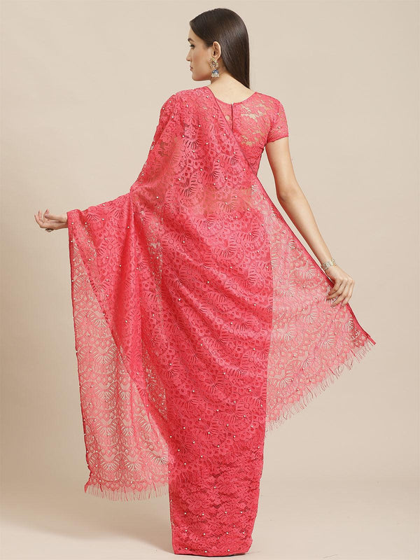 Women's Pink Party Wear Net(Super Net) Solid Saree With Unstitched Blouse - Odette