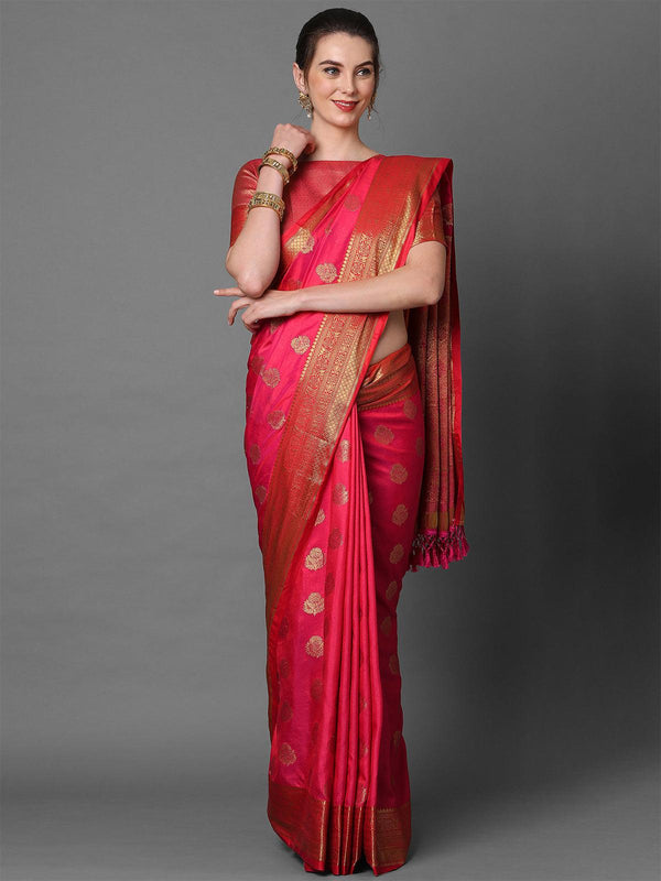 Women's Pink Party Wear Silk Blend Woven Design Saree With Unstitched Blouse - Odette