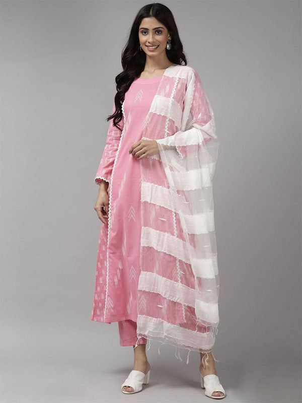 Women's Pink Printed A-Line Kurta Trouser With Dupatta Set - Odette