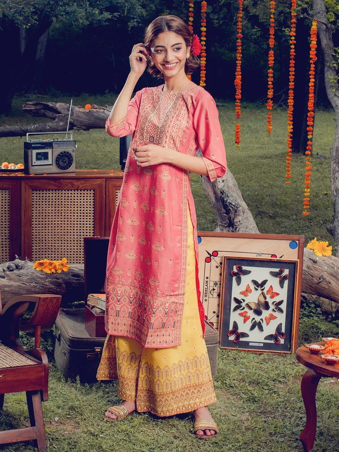 Pink Printed Chanderi Silk Kurta - Jashvi