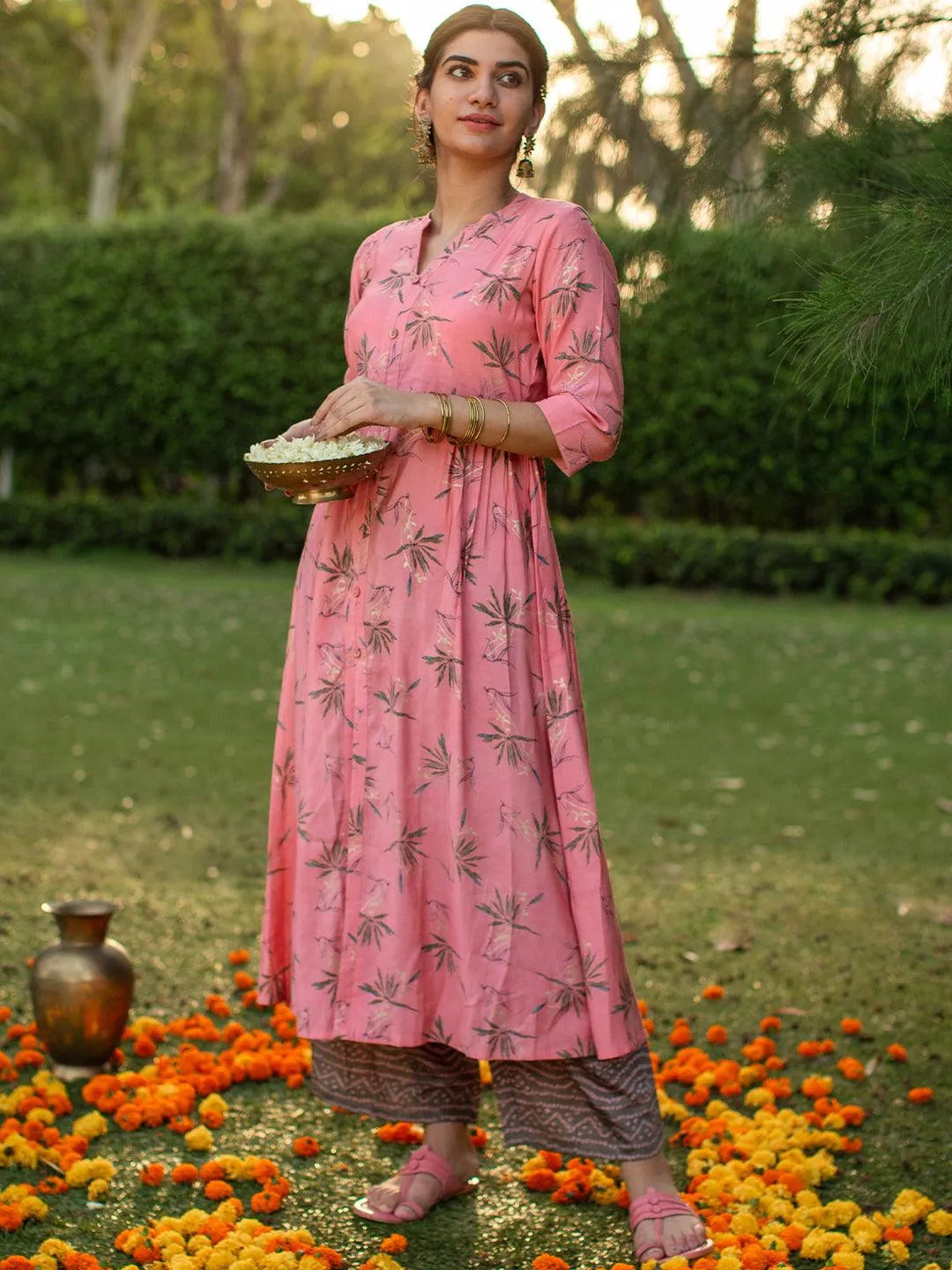 Pink Printed Chanderi Silk Kurta - Jashvi