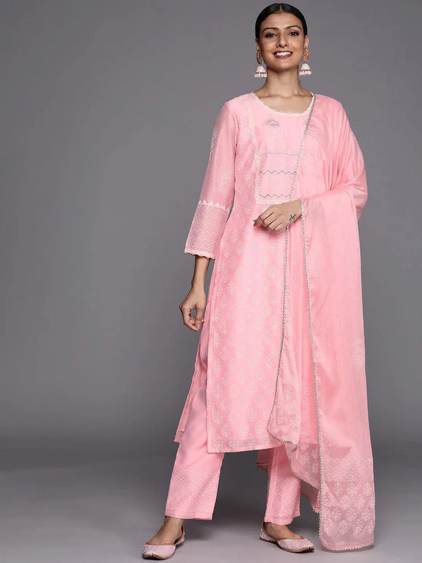 Pink Printed Chanderi Silk Straight Suit Set - Jashvi