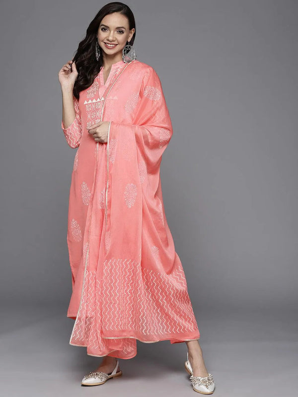 Pink Printed Chanderi Silk Suit Set - Jashvi