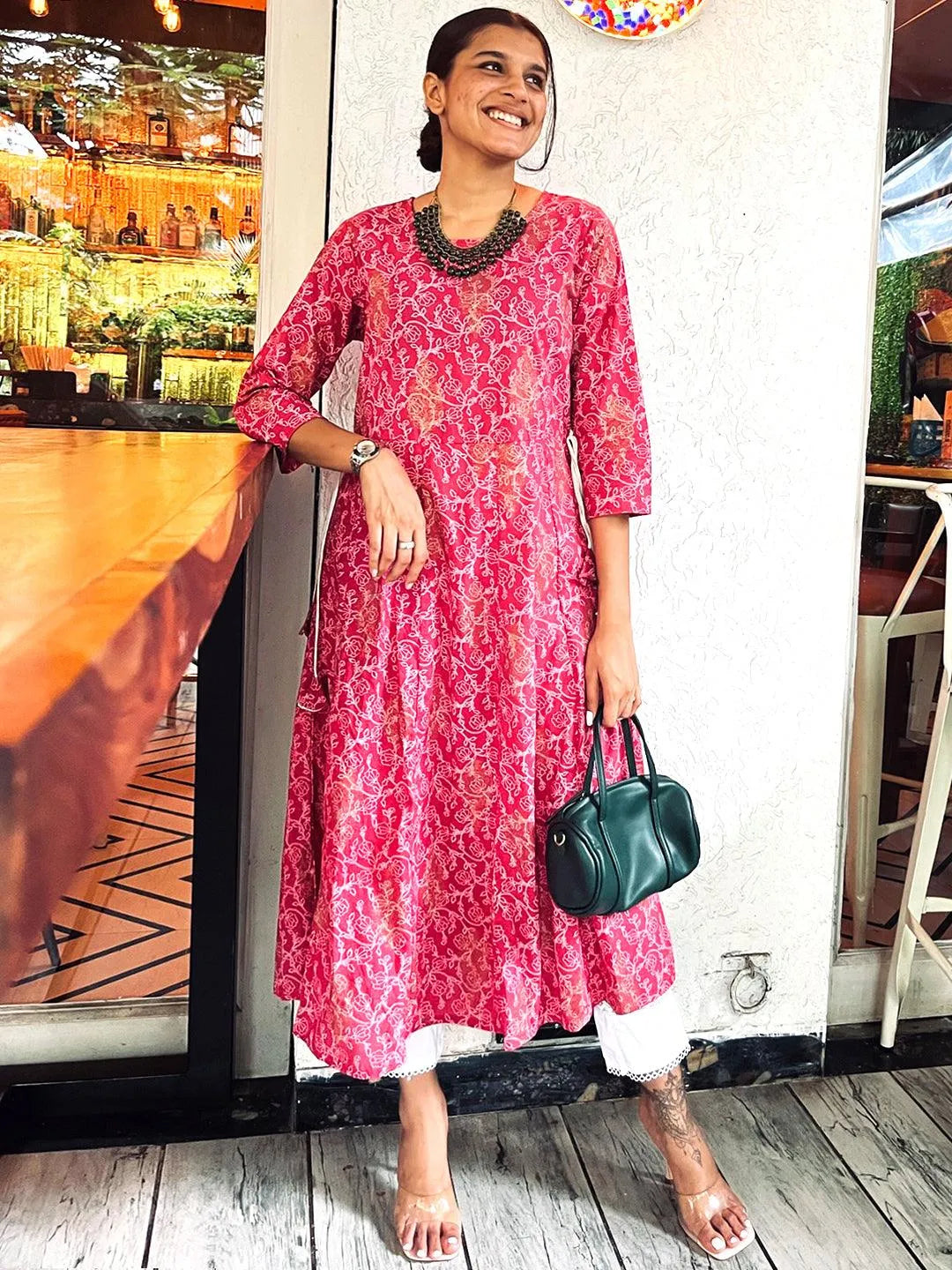 Pink Printed Cotton A-Line Kurta - Jashvi