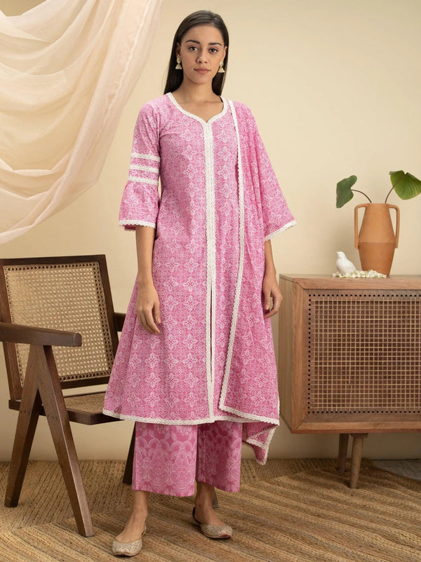 Pink Printed Cotton A-Line Suit Set - Jashvi