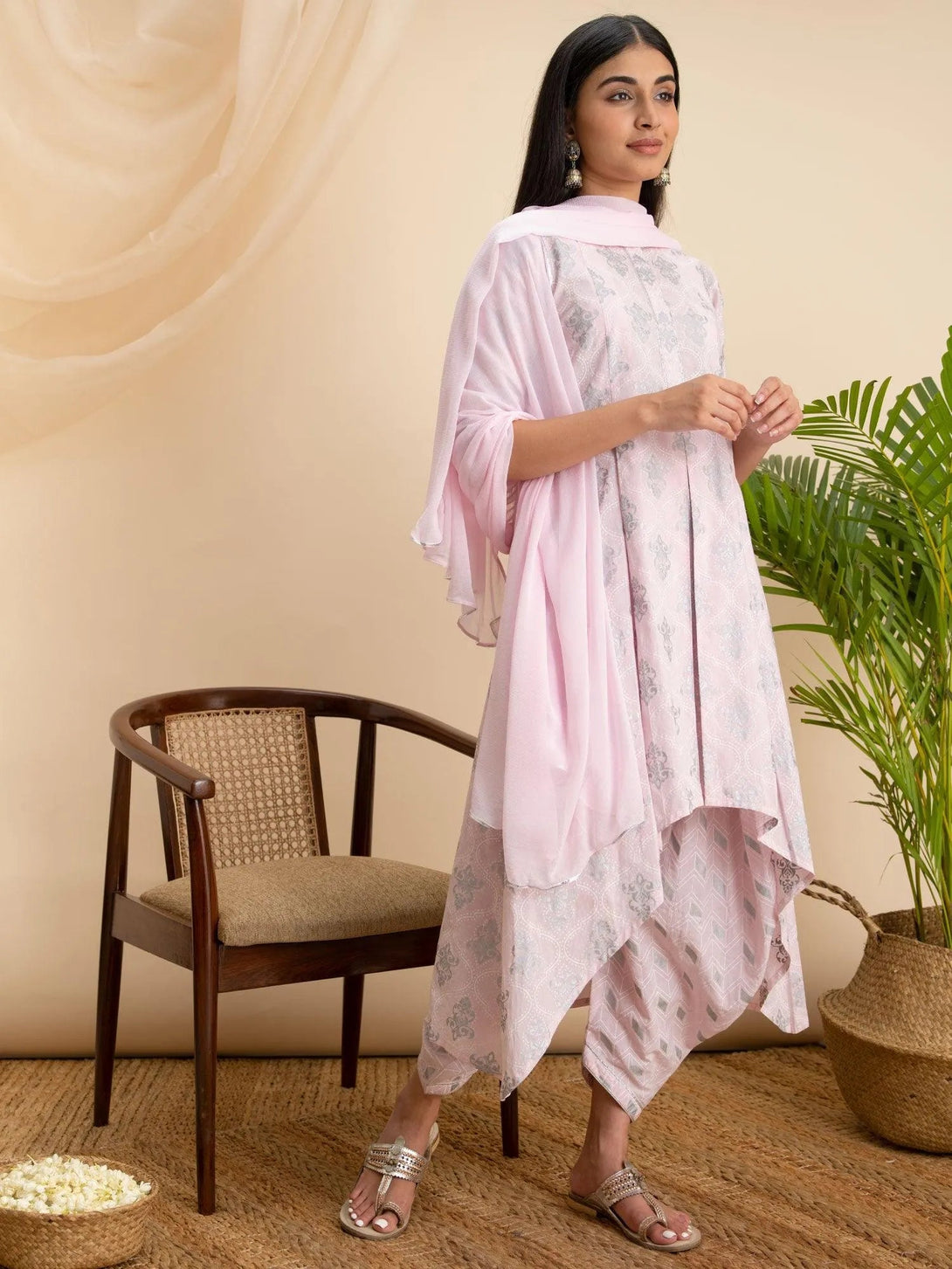 Pink Printed Cotton A-Line Suit Set - Jashvi