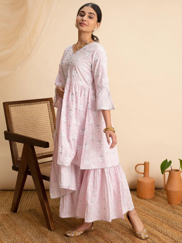 Pink Printed Cotton A-Line Suit Set - Jashvi