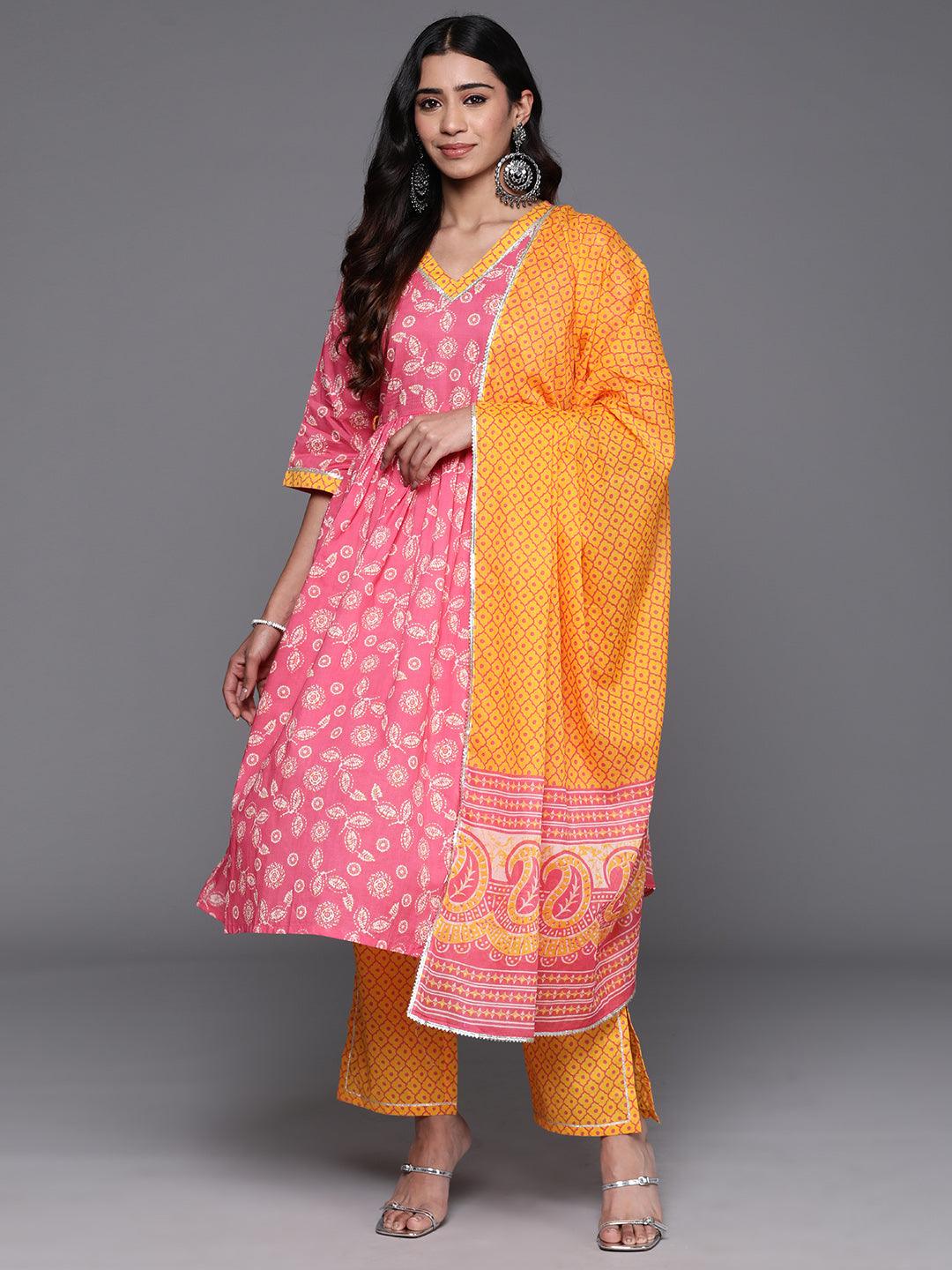 Pink Printed Cotton A-Line Kurta With Trousers & Dupatta - Jashvi