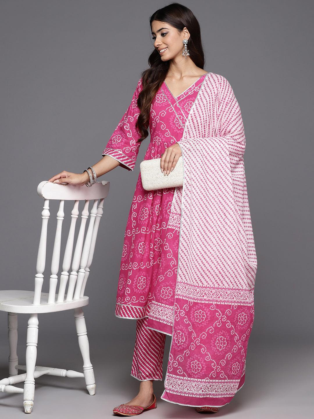 Pink Printed Cotton A-Line Kurta With Trousers & Dupatta - Jashvi