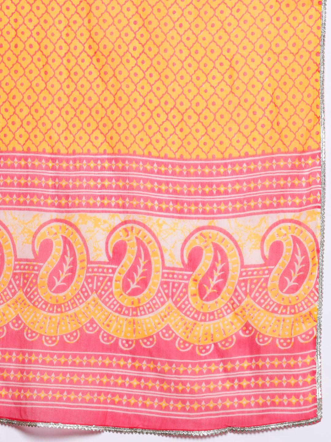 Pink Printed Cotton A-Line Kurta With Trousers & Dupatta - Jashvi