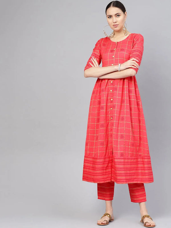 Pink Printed Cotton A-Line Kurta With Trousers