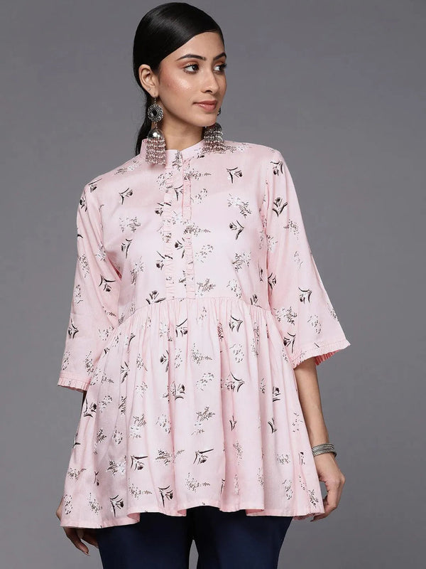 Pink Printed Cotton A-Line Kurti - Jashvi