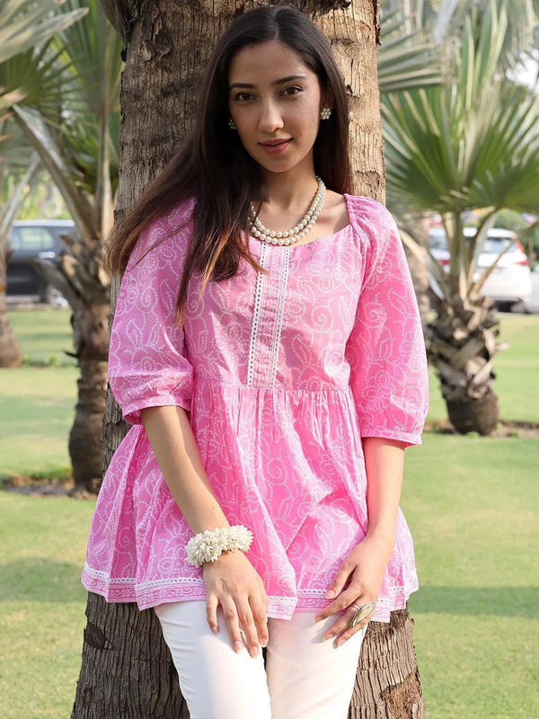 Pink Printed Cotton A-Line Kurti - Jashvi