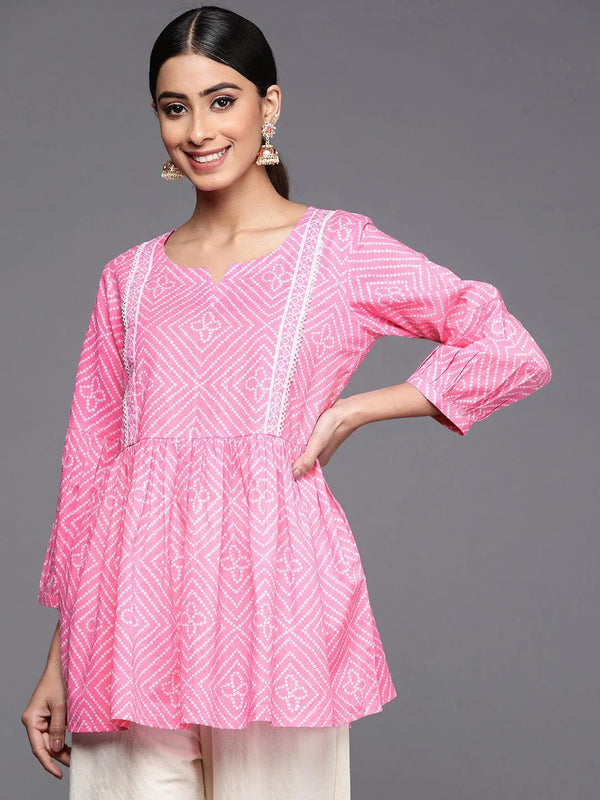 Pink Printed Cotton A-Line Kurti - Jashvi