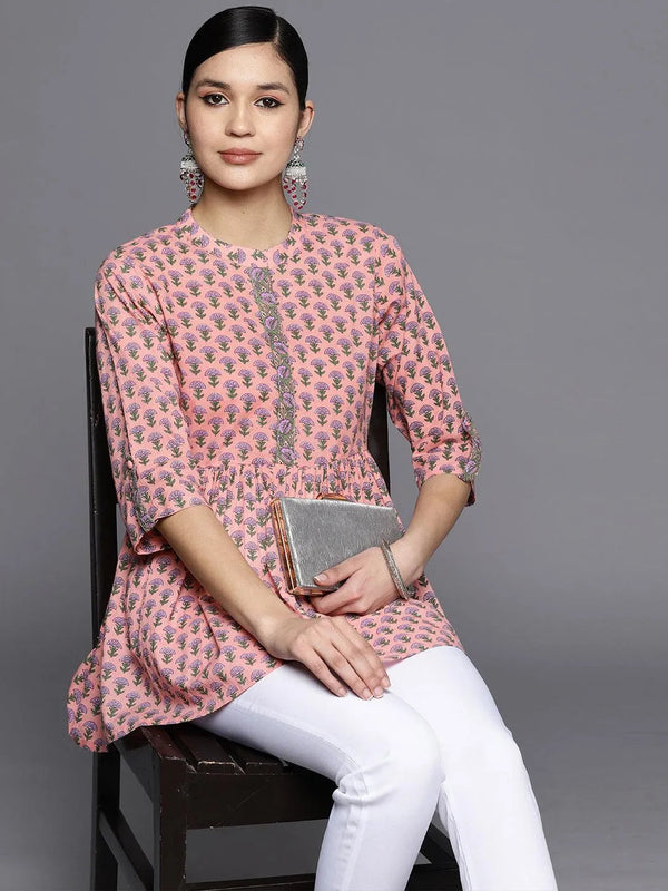 Pink Printed Cotton A-Line Kurti - Jashvi