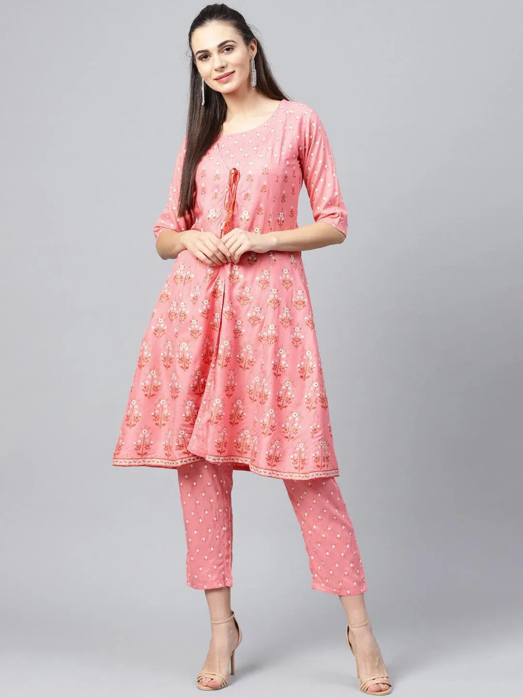 Pink Printed Cotton Kurta Set With Jacket - Jashvi