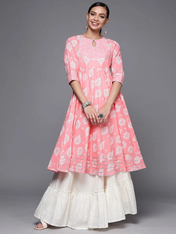 Pink Printed Cotton Anarkali Kurta - Jashvi