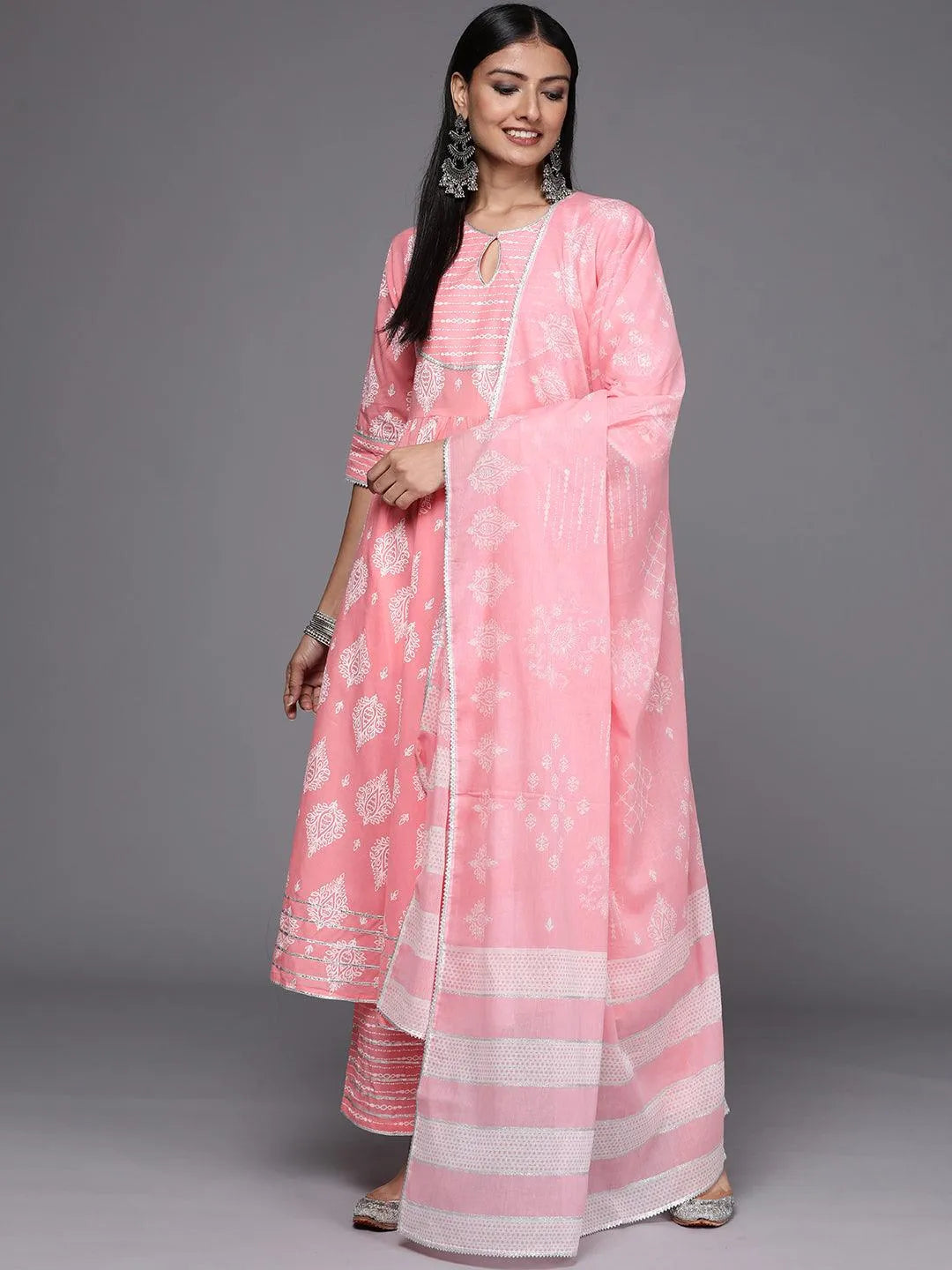 Pink Printed Cotton Anarkali Suit Set - Jashvi