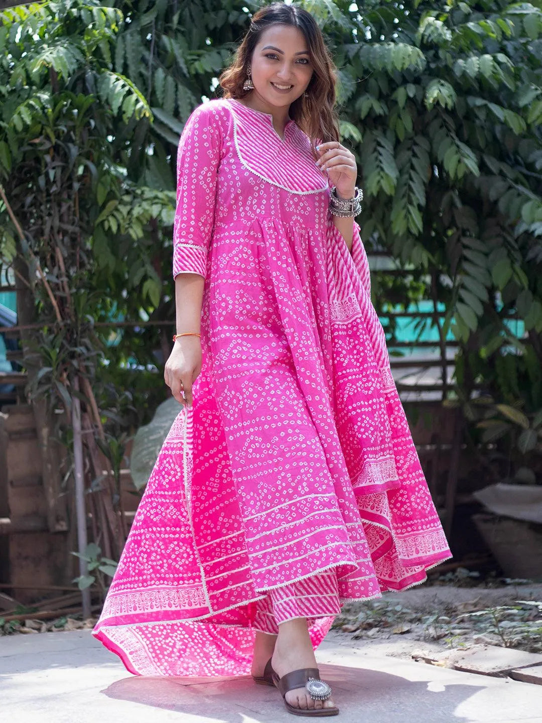 Pink Printed Cotton Anarkali Suit Set - Jashvi