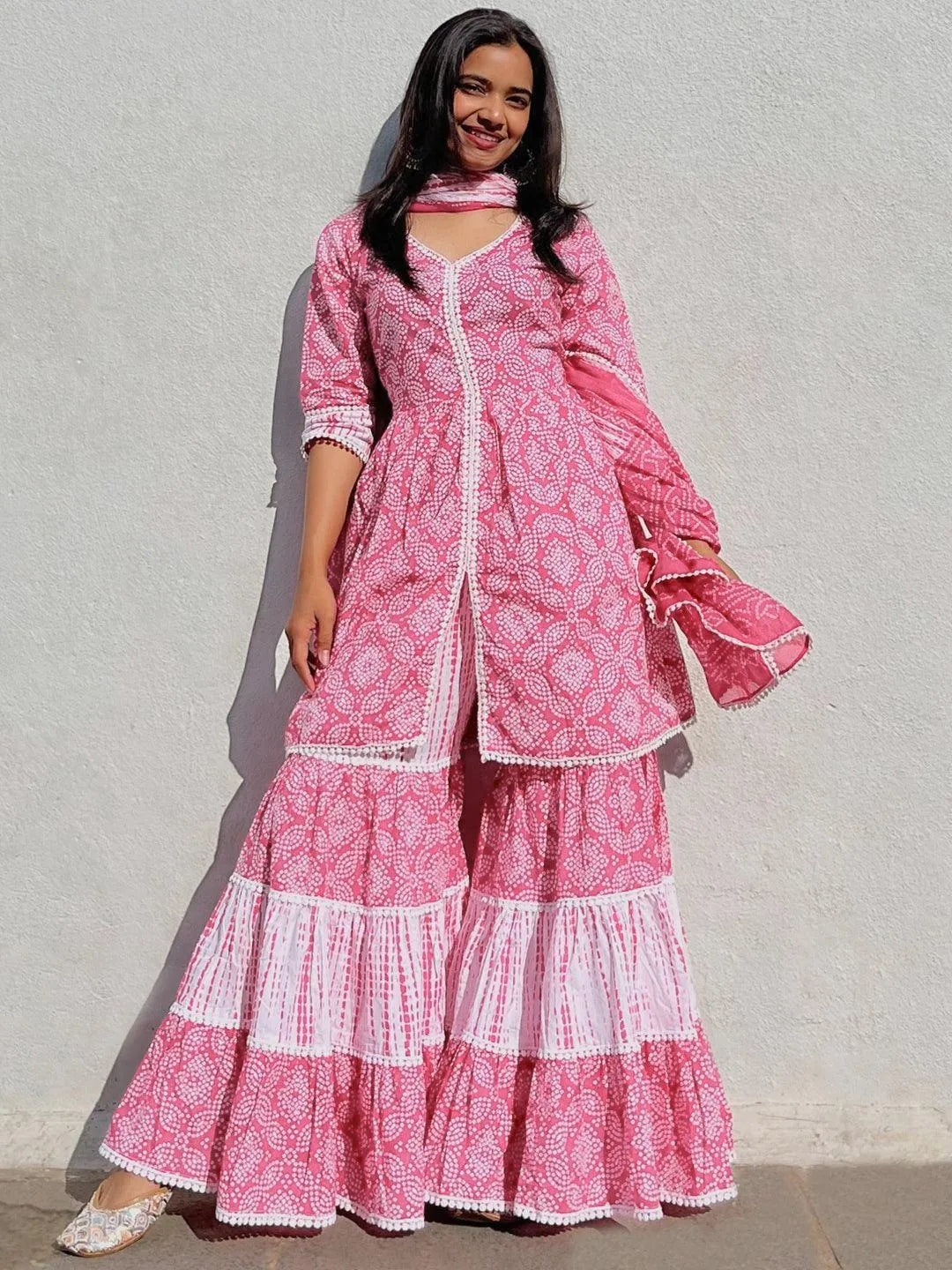 Pink Printed Cotton Anarkali Kurti With Sharara & Dupatta - Jashvi