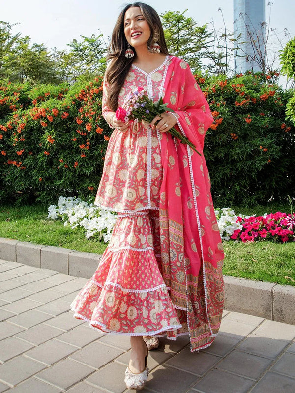 Pink Printed Cotton Anarkali Sharara Suit Set - Jashvi