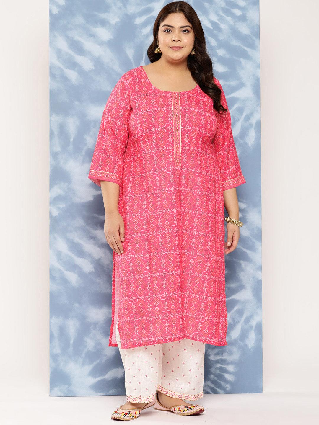 Pink Printed Cotton Blend Straight Kurta With Trousers - Jashvi